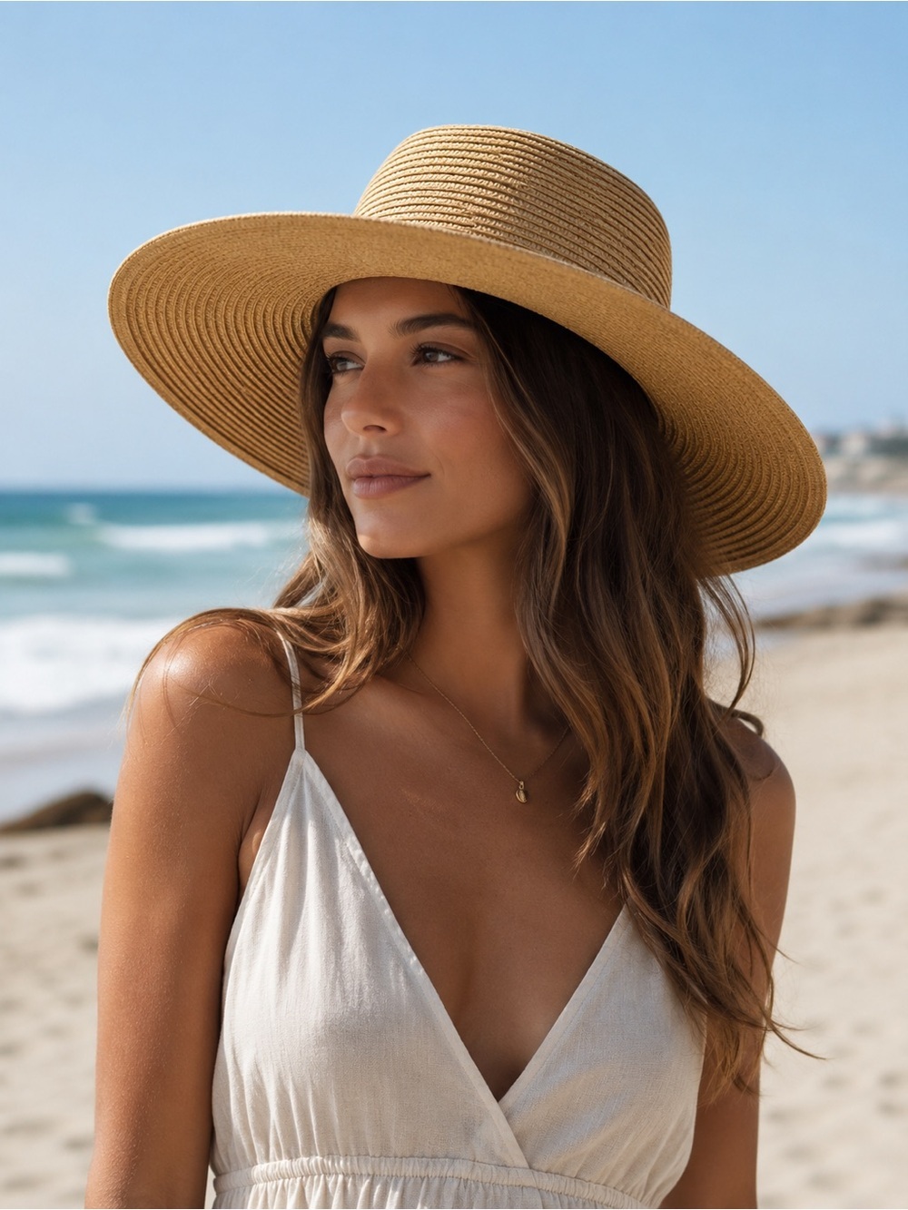 Sun Hat Beach Hat CHAMPAGNE ALL DAY Embroidered Tan Wide Brim Vacation
